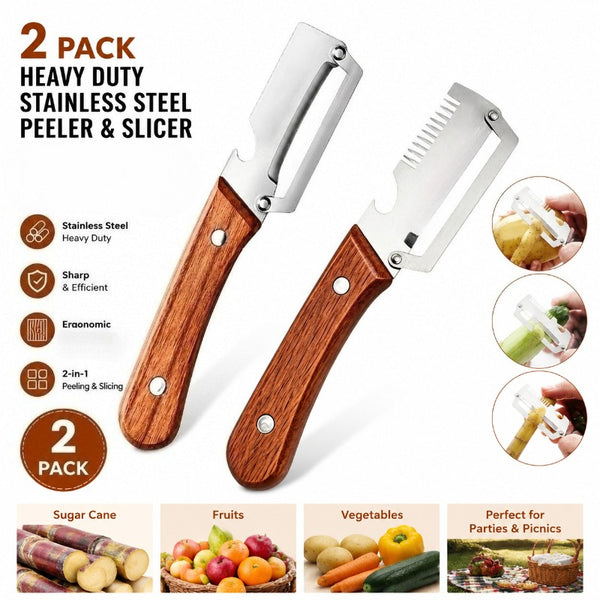 2pcs Heavy-duty Stainless Steel Peeler and Slicer Set, Featuring a Bottle Opener and Straight Blade Design. Suitable for Sugar Cane, Fruits, and Vegetables. A Versatile and Durable Peeling Tool and Vegetable Slicer, Ideal for Parties and Picnics