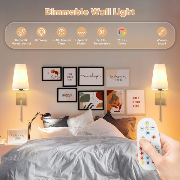 Wall lamp, LED wall lamp, dimmable wall lamp (non-hardwired fixture), controllable bulb, modern linen shade bedroom hallway wall lamp