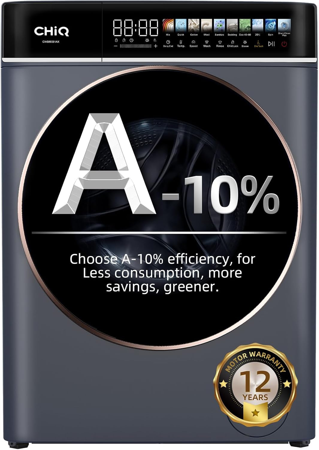 Chiq CW086581AXU Washing Machine, 8Kg, 1400Rpm, BLDC Inverter Motor, 12 Washing Cycles, Steam Care, LED Touchscreen, Grey