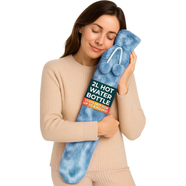 Long Hot Water Bottle for Back Ache and Pain Relief - 2L Soft Grey Plush Covered Hot Water Bottle - Luxury, Washable and Reusable Hot Water Bag