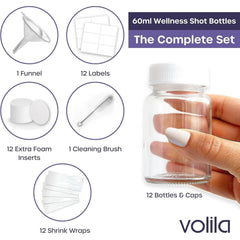 Shot Bottles with Lids - Reusable Glass Shot Bottles with Lids, Funnel, Labels, Shrink Wrap, Cleaning Brush and Extra Foam Insert - Portable and Leakproof