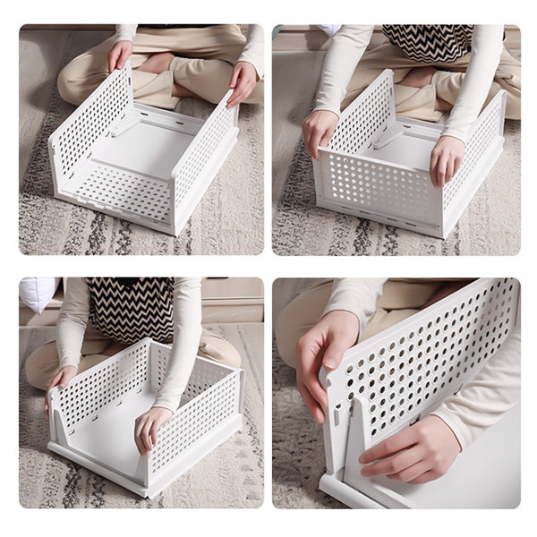 4 Pack Stackable Folding Clothing Storage Basket Drawers Wardrobe Closet Organizer Plastic Clothes Partition Shelf Stackable Hamper Bathroom, Bedroom, Office