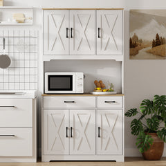 175 cm Tall Kitchen Pantry Cabinet with Microwave Stand, Farmhouse Kitchen Hutch, Freestanding Pantry Cupboard with 2 Drawers, 2 Adjustable Shelves and Cable Management, White