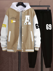 Men's Fashion Casual 69 Set - Color Block Campus Style Jacket - A-69 Letter Print - Excludes Innerwear and Hat - Xingfan OBM