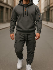 Fashion Street Style Set, Casual Versatile Jacquard Hooded Sweatshirt And Long Pants 2pcs Outfit, Men'S Clothing