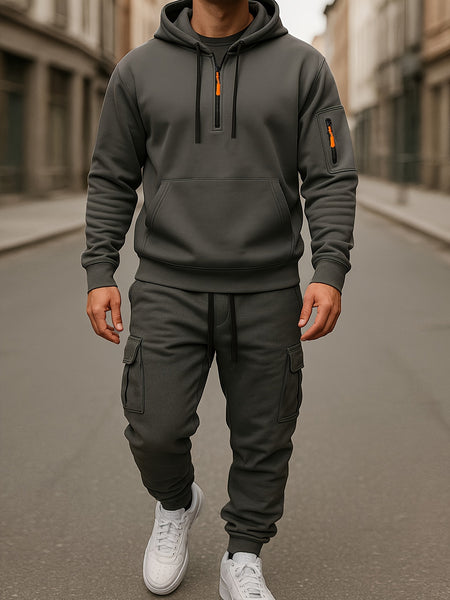 2pcss Autumn Winter Men'S Fashion Suit, Western Style Outdoor Half-Zipper Sweatshirt And Cargo Pocket Long Pants 2pcs Set