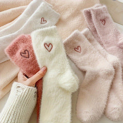 5 Pairs of Cozy Heart-Embroidered Socks - Soft, Fluffy, Mid-Calf Length, Perfect for Women, Autumn & Winter, Autumn Winter Socks | Heart Embroidery Socks | Texture Socks