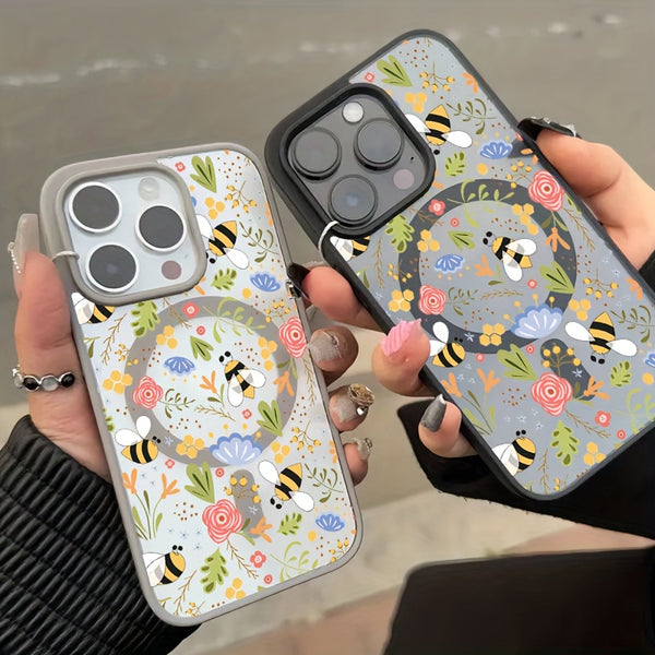 Phone Case: Stylish Floral Bee Phone Case with Wireless Charging, Anti-Drop Light Beige-Friendly Magnetic Cover- Compatible with iPhone 16 Pro Max/15/14 Plus/13/12/11& Samsung Galaxy A56/A55/A54/A36/A35/A26/A25/A16/A15/A06/S25 Ultra/S24 FE/S23