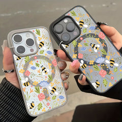 Phone Case: Stylish Floral Bee Phone Case with Wireless Charging, Anti-Drop Light Beige-Friendly Magnetic Cover- Compatible with iPhone 16 Pro Max/15/14 Plus/13/12/11& Samsung Galaxy A56/A55/A54/A36/A35/A26/A25/A16/A15/A06/S25 Ultra/S24 FE/S23