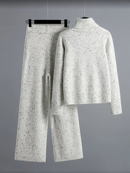 Elegant Women'S Outfit - a Turtleneck Long-Sleeve Sweater Paired with Matching Pants, Made from a Comfortable, Featuring White with Black Polka Dots, Suitable for Autumn And Winter, Versatile from Casual to Formal, Cozy Attire, Stylish Knitwear