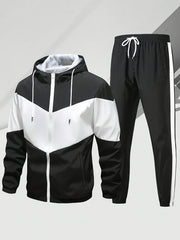 Men'S Casual 2pcs Athletic Set Unisex Couple All-Season Spring Autumn Loose Color-Block Athletic Outfit Hooded Sweater Zip-Up Jacket Long Sleeve Outerwear Long Pants Jogging Trousers Gym Workout Running Outdoor Set Elastic Pants Hoodie Top And Botto