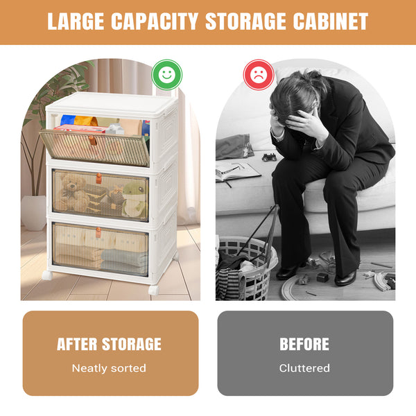 Storage Boxes with Lid - 3/4/5 Tier Plastic Storage Box with Lid, Stackable Storage Boxes with Wheels, Storage Drawers with Front Door, Plastic Box for Home and Office, White