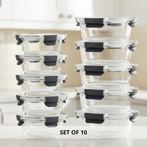 10-Pack Glass Meal Prep Containers with Airtight Lids – Leakproof Food Storage Set (5×1050ml + 5×370ml) – Oven, Microwave, Freezer & Dishwasher Safe