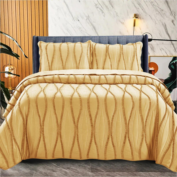 Luxury 3-Piece Embossed Quilted Bedspread Set – Super Soft All-Season Microfiber Comforter with Matching Pillow Shams, Elegant Wave Design, Bed Throw Single Double King Size, Lightweight Yet Warm Modern Bedding Set, Ideal for Modern or Traditional Homes