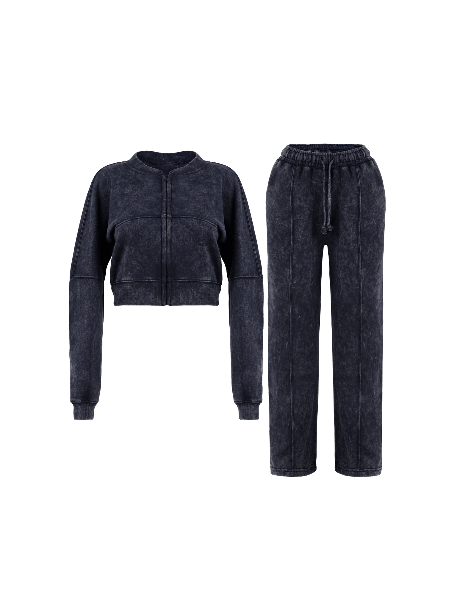 Women Acid Wash Zip Tracksuit Straight Leg Joggers - Stylish Female Jacket - Womenswear Full Sleeve Casual Comfort Zip Style Drawstring Pant