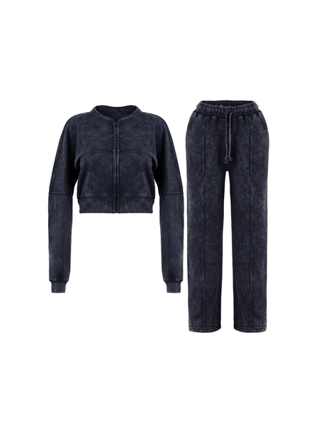 Women Acid Wash Zip Tracksuit Straight Leg Joggers - Stylish Female Jacket - Womenswear Full Sleeve Casual Comfort Zip Style Drawstring Pant
