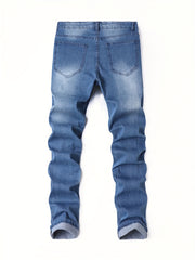 Men's Stretchy Jeans with Ripped Holes - Trendy and Versatile Long Pants