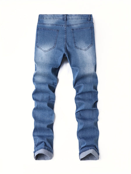 Men's Stretchy Jeans with Ripped Holes - Trendy and Versatile Long Pants
