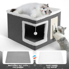 1pc Large Cat Cube House Cosy Foldable Bed Pet Cave Furry Soft Cushions Scratch Pads 42X42X36CM