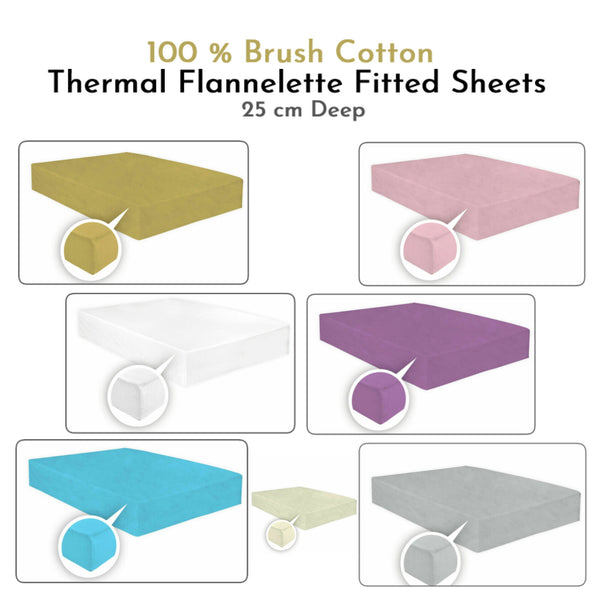 Flannelette Thermal Fitted Sheet 100% Brushed Cotton, 25cm Deep Pocket, Warm Soft Bed Sheet