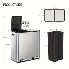 Kitchen Bin, (2 X 30L) 60L Recycling Bins, Pedal Bin with Lid, Stainless Steel Kitchen Bins Recycling And Waste, Silent Slow-Down Closing Lid, with 15 Exclusive Trash Bags, Silvery