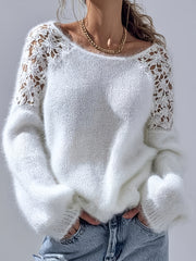 Women's Hollow-Out Lace Off-Shoulder Lace Sleeve Patchwork Pullover Sweater, Fluffy and Elegant