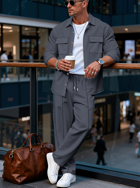 Spring And Autumn Men's Long Sleeved Pants with A Sense Of Luxury And Retro Temperament Featuring Lapel Pockets And Button Long Sleeved Jackets And Versatile Casual Pants Men's 2pcs Clothing Set