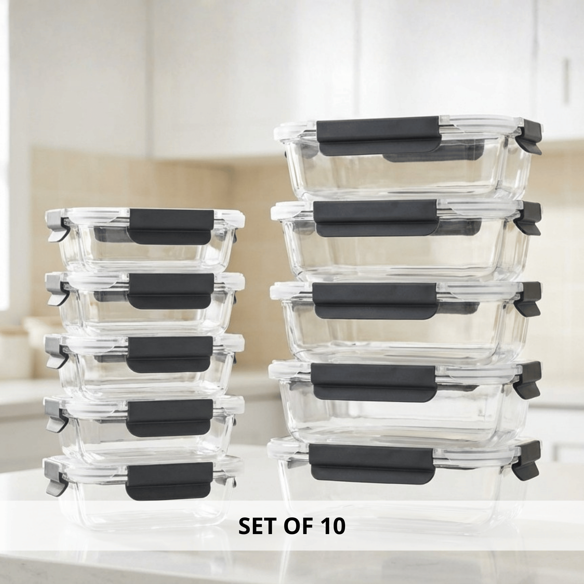 10-Pack Glass Meal Prep Containers with Airtight Lids – Leakproof Food Storage Set (5×1050ml + 5×370ml) – Oven, Microwave, Freezer & Dishwasher Safe