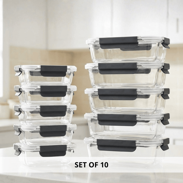10-Pack Glass Meal Prep Containers with Airtight Lids – Leakproof Food Storage Set (5×1050ml + 5×370ml) – Oven, Microwave, Freezer & Dishwasher Safe