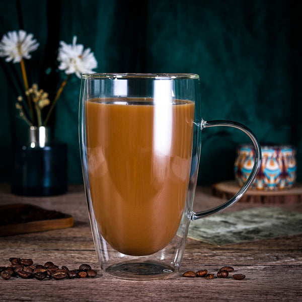 Vinsani Double Walled Coffee Drink Glasses Tea Cup Mug Heat Cold Resistant Aesthetic Clear Borosilicate Glass with Handle Cappuccino Latte Tea Dessert Hot and Cold Drinks