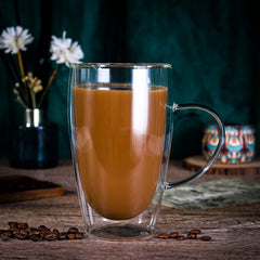 Vinsani Double Walled Coffee Drink Glasses Tea Cup Mug Heat Cold Resistant Aesthetic Clear Borosilicate Glass with Handle Cappuccino Latte Tea Dessert Hot and Cold Drinks
