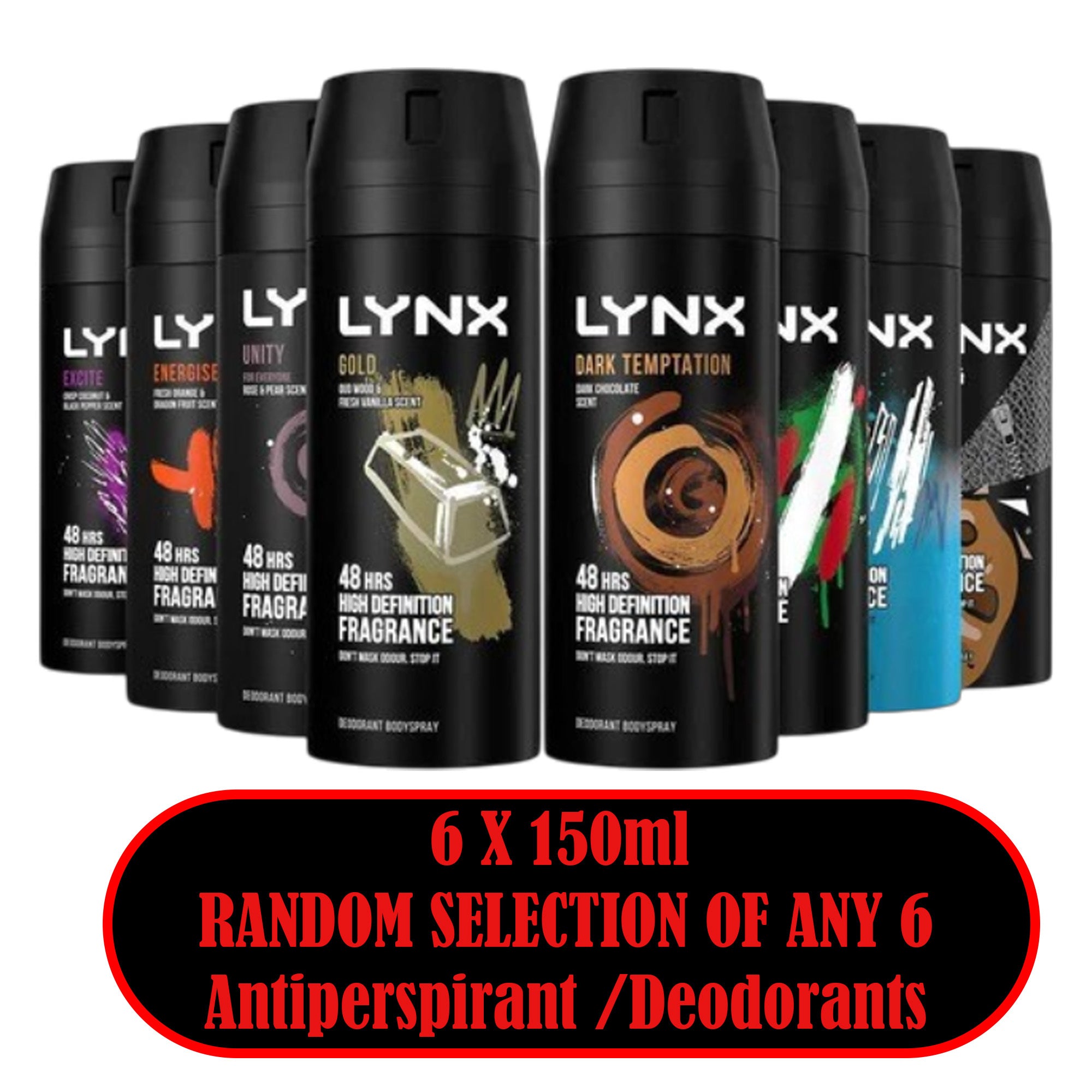 Lynx Body Spray 150ml x 6 – Random Selection Multipack – Men’s Deodorant Variety Bundle