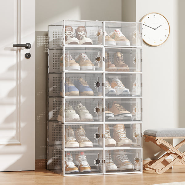 Pack of 12 Stackable Shoe Boxes Shoe Storage Organisers, Sturdy & Durable, Space Saving, Shoe Organizer Containers with Lids for Women/Men, Ideal for Entryway, Closet, Living Room, Bedroom, Office, Dorm, Fit Up To UK Size 9.5, 23x33x14cm