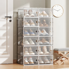 Pack of 12 Stackable Shoe Boxes Shoe Storage Organisers, Sturdy & Durable, Space Saving, Shoe Organizer Containers with Lids for Women/Men, Ideal for Entryway, Closet, Living Room, Bedroom, Office, Dorm, Fit Up To UK Size 9.5, 23x33x14cm