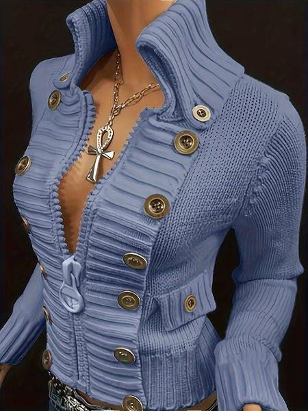 Christmas Women's Elegant Cardigan - Front Zipper & Multi Buttons, Stand-Up Collar Sweater, Structured Fit for Office, Party, Everyday - All-Season Chic Outerwear, Office Wear, Textured Knitwear, Ribbed Texture, Stylish Coverup, Working Professionals
