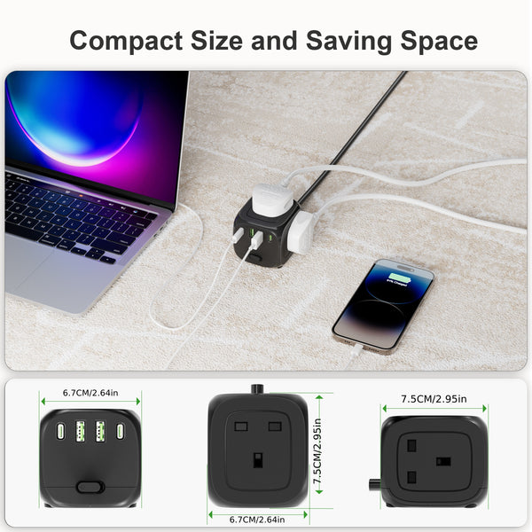 P34-UK HULKER Extension Lead with USB Slots 13A Power Strips 3 Way 4 USB Ports Surge Protector Smart Extension Lead UK Power Strips with 1.5m Bold Extension Cord 13A 3250W