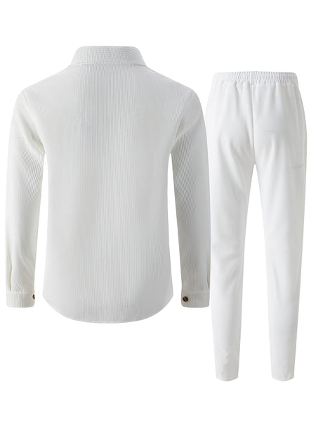 Men's Two-Piece Set, Autumn-Winter Casual Fashion Beach Dual Pocket Turn Collar Long Sleeve Shirt + Trousers Outfit for Fall/Winter Hawaiian Vacation