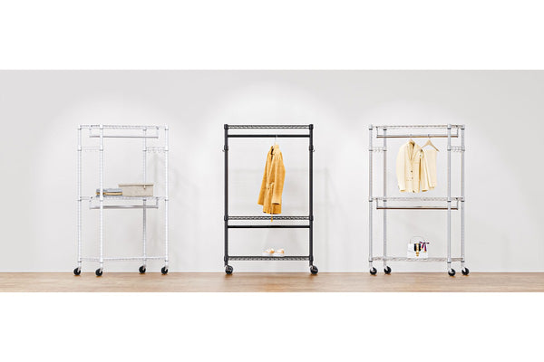 M MZG Heavy Duty Easy to Assemble - Multi-functional Removable Clothes Rack - with Three Shelves, Side Hooks And Locking Casters - Sturdy And Durable - Suitable for Bedroom, Living Room And Wardrobe Black