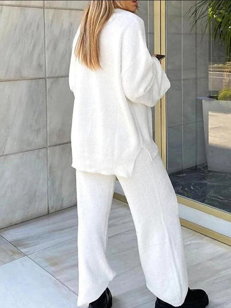 Women'S Winter Cozy Solid Color V-Neck 2pcs Casual Set - Soft Warm Outfits for Home Relaxation, Weekend Streaming & Cozy Friend Gatherings, Lounge Set, Casual Wear, Relaxed Fit, Vneck Design, Breathable Material, Comfortable Fabric, Twopiece Outfit, Women