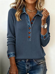 Women's Patchwork Denim Collar Button- Top - Button Front Placket, Color Patchwork Suitable for Fall/Winter, Casual Winter Wear, Daily Commuting & Retro-Chic Outfits - Machine Washable Button-Up Shirt