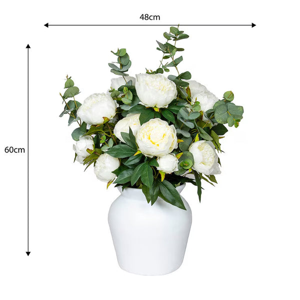 Artificial Peony & Eucalyptus Bouquet in Vase in White