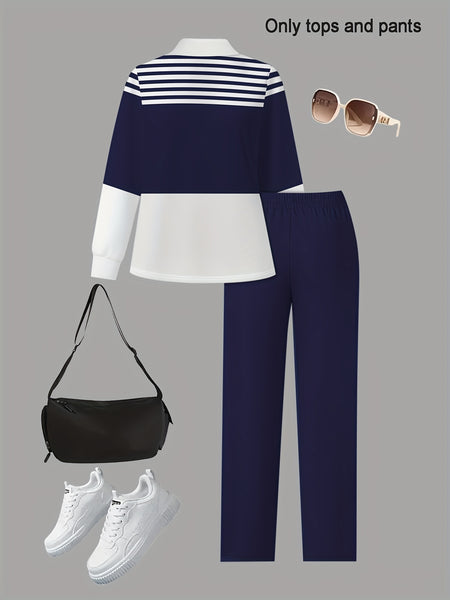 Women's 2pcs Suit Set - Striped Half-Pallet Pullover Top & Solid Color Pants with Zipper Closure, High-Elasticity Straight Leg Pants, Loose Fit for Commuting, Office & Daily Wear - All-Season Professional Attire (2pcs Matching Set)