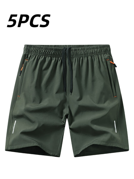 5pcs Men'S Outdoor Sports Quick-Dry Shorts, Breathable Comfort Spandex Blend with Zipper Pockets And Drawstring, Featuring Silvery Reflective Strips, Elastic Waistband, Suitable for Climbing, Tennis, Running, And Outdoor Activities
