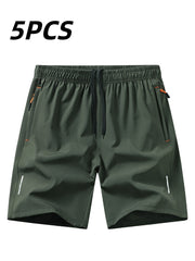 5pcs Men'S Outdoor Sports Quick-Dry Shorts, Breathable Comfort Spandex Blend with Zipper Pockets And Drawstring, Featuring Silvery Reflective Strips, Elastic Waistband, Suitable for Climbing, Tennis, Running, And Outdoor Activities