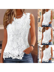 Women'S Summer Lace Floral Vest White Sleeveless Round Neck Trendy Tank Tops