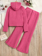 A Set of Women's Ribbed Letter Applique Hoodie and Flared Pants