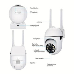 2pcs Smart Home Surveillance, Full Color Night Vision Wireless 2K Indoor/ Outdoor Camera, Intelligent Alarm, Two-Way Audio, Pan/ Tilt 2.4G Wi-Fi Security Camera with Motion Tracking, Suitable for Family and Pets