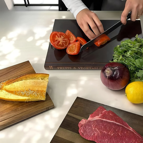 Book-shaped Cutting Board Three-Piece Set with Base | Acacia Wood Kitchen Decorative Cutting Board with Wooden Stand | Ideal for Cheese, Bread, and Deli Display | Multifunctional, Eye-catching Countertop Decoration