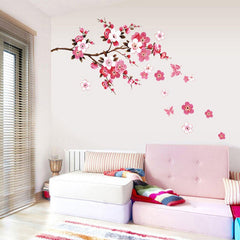 2PCS Pink Blossom Tree Flower Wall Stickers Vinyl Art Decals Glossy Polyvinyl Wall Sticker for Bedroom, Living Room, Bathroom Decor