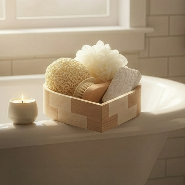 Boxed Heart-Shaped Bath Set - A wooden spa gift kit for bathrooms, featuring a heart-shaped wooden bucket. Includes a loofah, pumice stone, massager, and brush. This natural relaxation and body care kit is ideal for home use and bathroom decoration.
